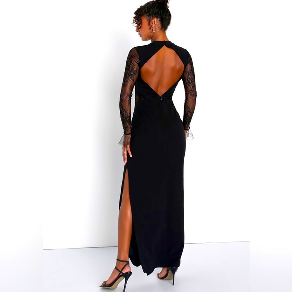 NWOT Lulu’s Bragging Rights Black Lace Long Sleeve Cutout Column Sexy Maxi Dress - Picture 2 of 12